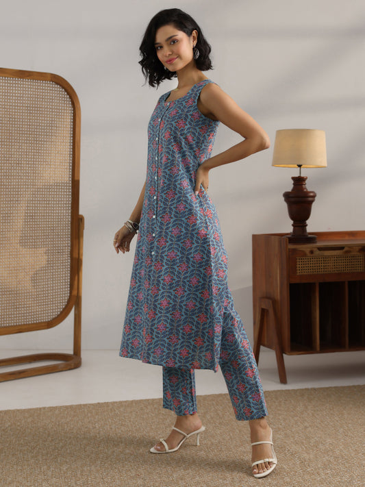 Blue Printed Cotton Straight Kurta Set
