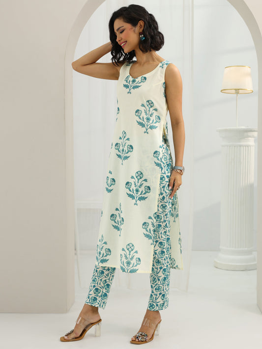 Off White Printed Cotton Straight Suit Set With Dupatta