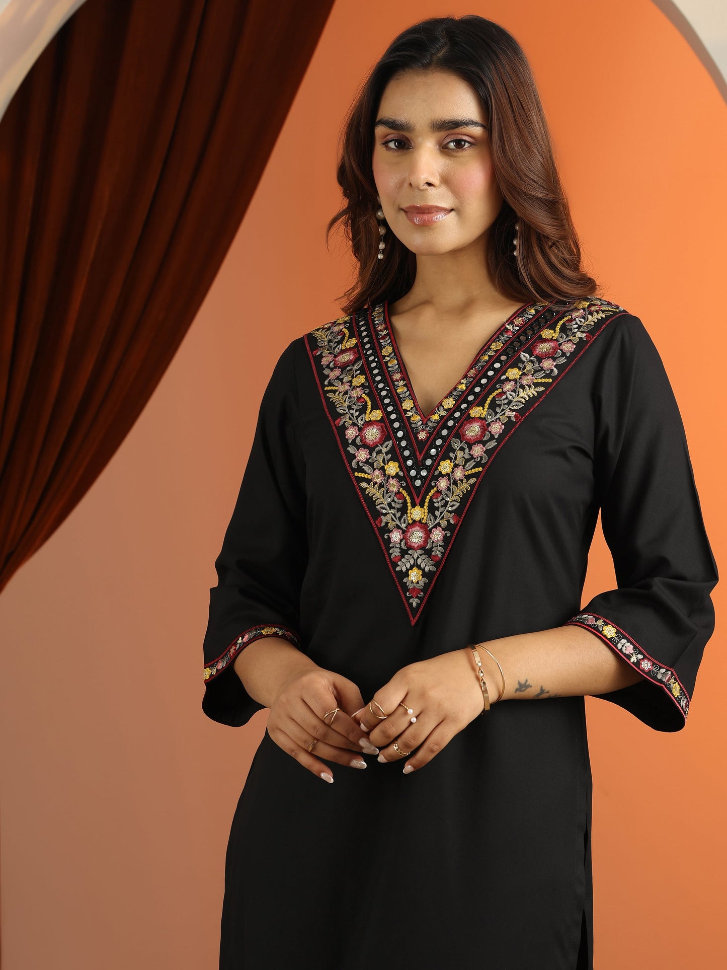 Black Embroidered Rayon Straight Suit Set With Dupatta