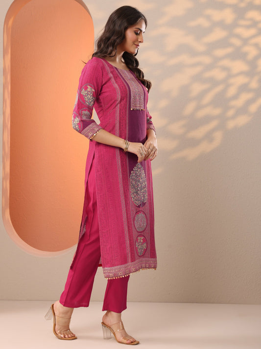 Pink Printed Silk Blend Straight Suit Set With Dupatta