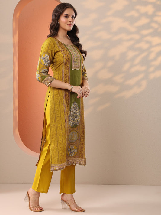 Mustard Printed Silk Blend Straight Suit Set With Dupatta