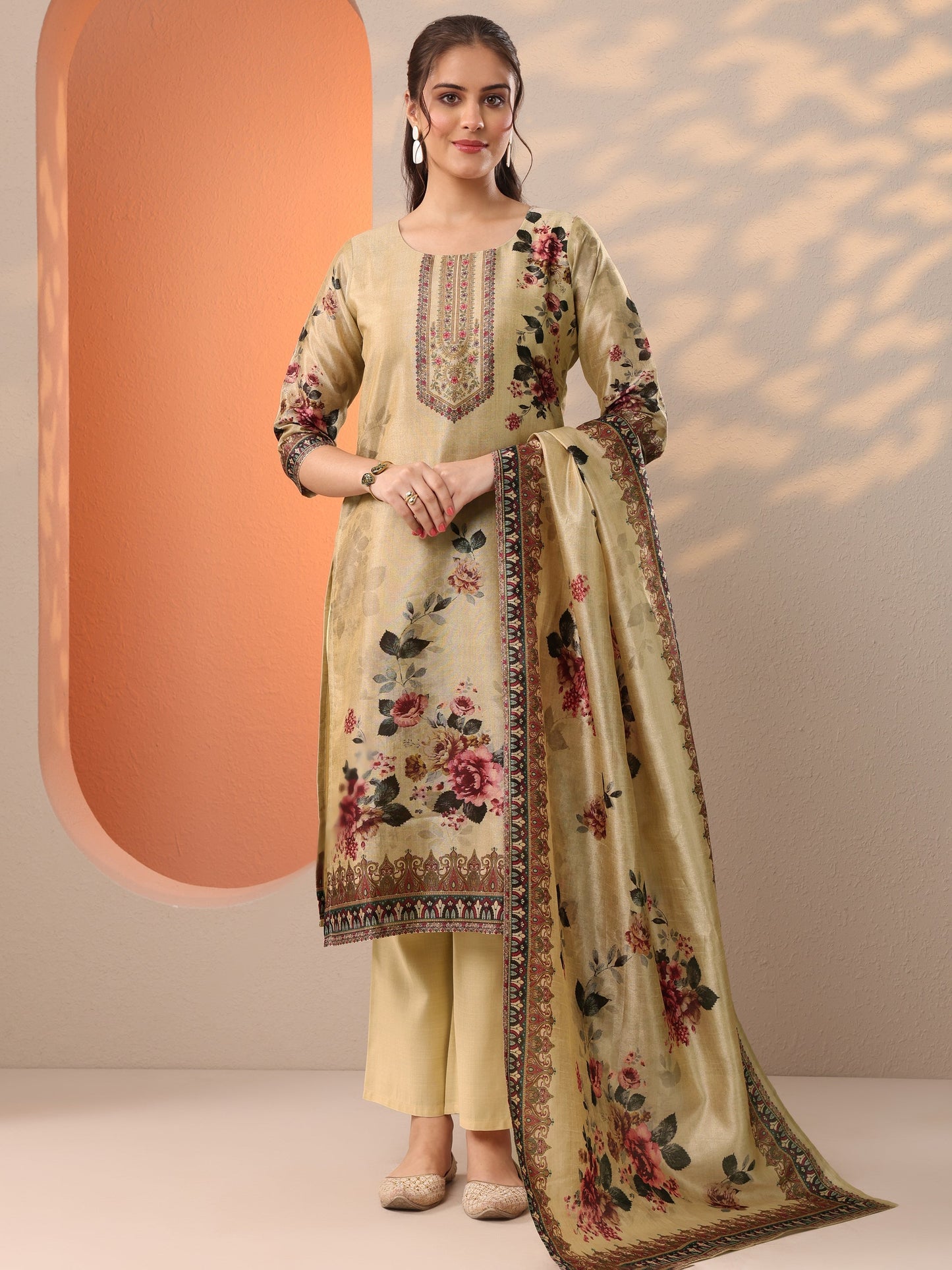 Beige Printed Silk Blend Straight Suit Set With Dupatta