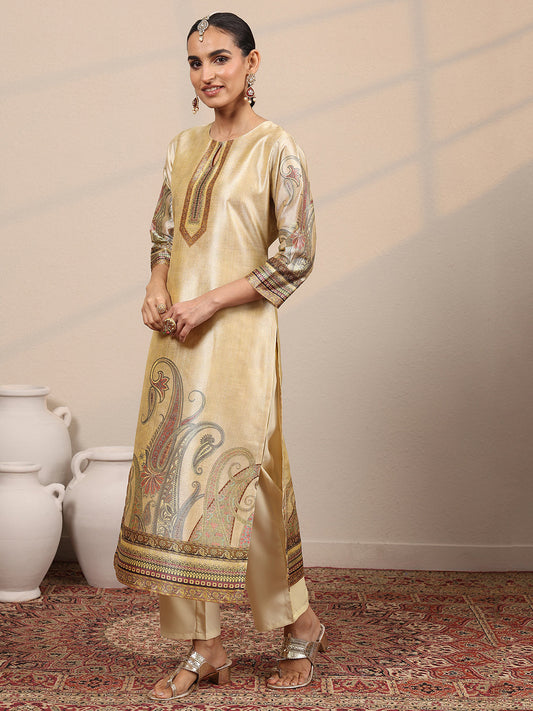 Beige Printed Silk Blend Straight Suit Set With Dupatta