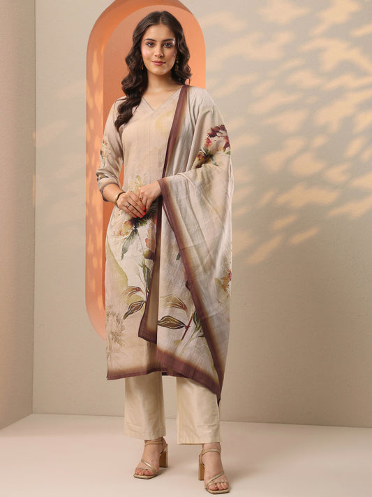 Beige Printed Silk Blend Straight Suit Set With Dupatta