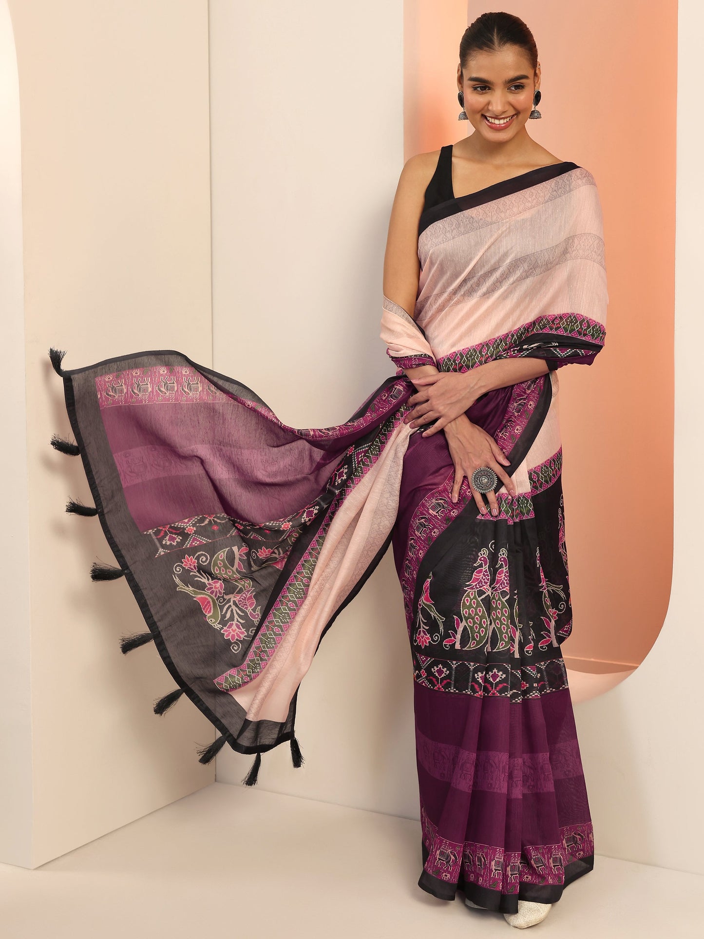 Burgundy Printed Silk Saree With Unstitched Blouse Piece