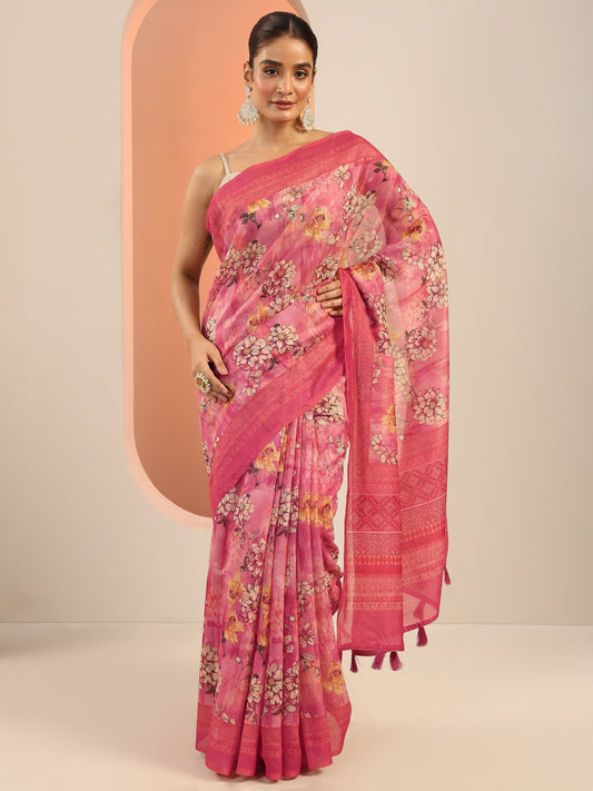 Pink Printed Silk Saree With Unstitched Blouse Piece
