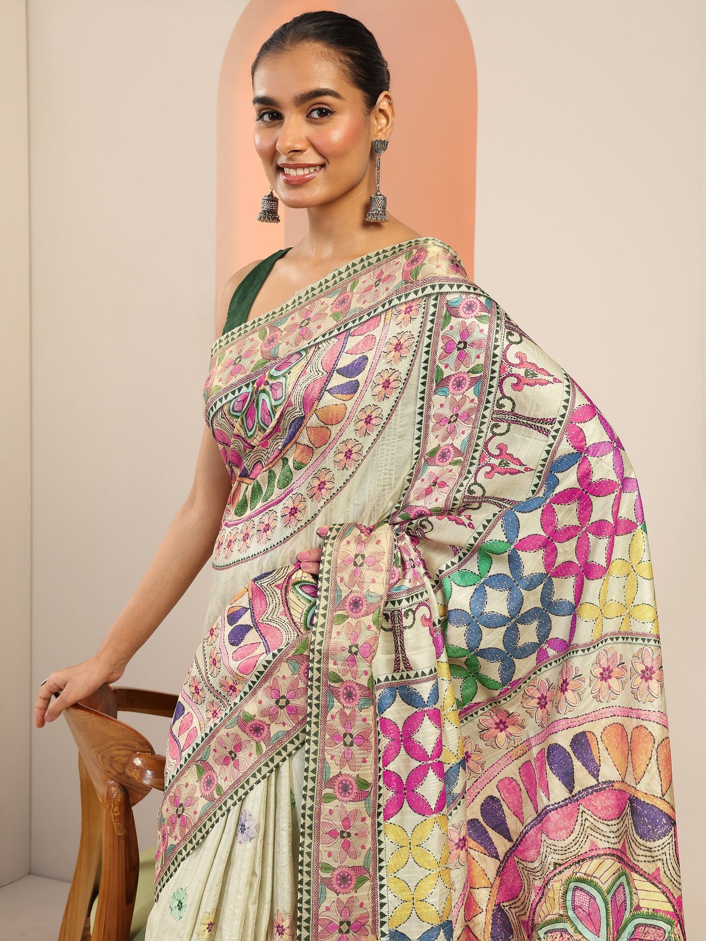 Multi Printed Silk Saree With Unstitched Blouse Piece