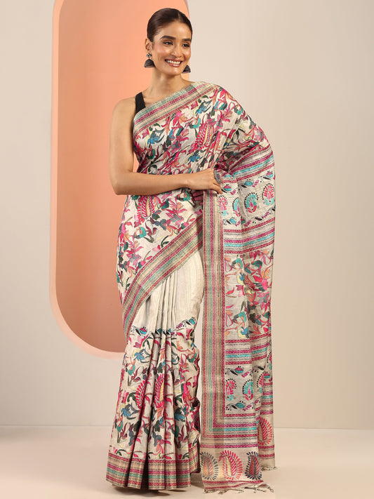 Multi Printed Silk Saree With Unstitched Blouse Piece