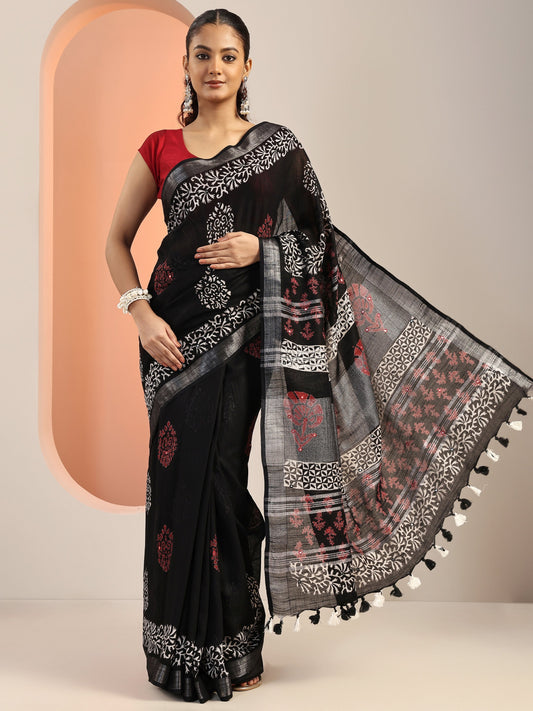 Black Printed Cotton Saree With Unstitched Blouse Piece