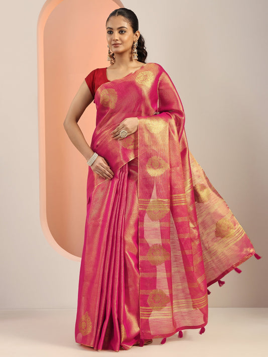 Pink Woven Silk Blend Saree With Unstitched Blouse Piece