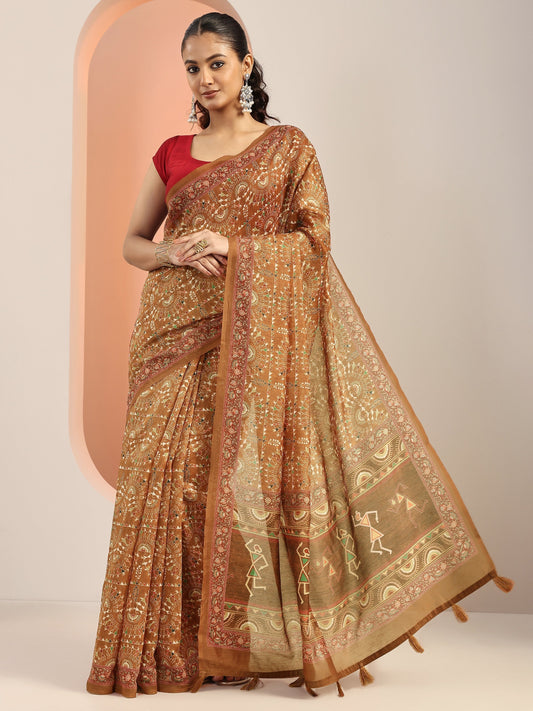 Brown Printed Silk Blend Saree With Unstitched Blouse Piece