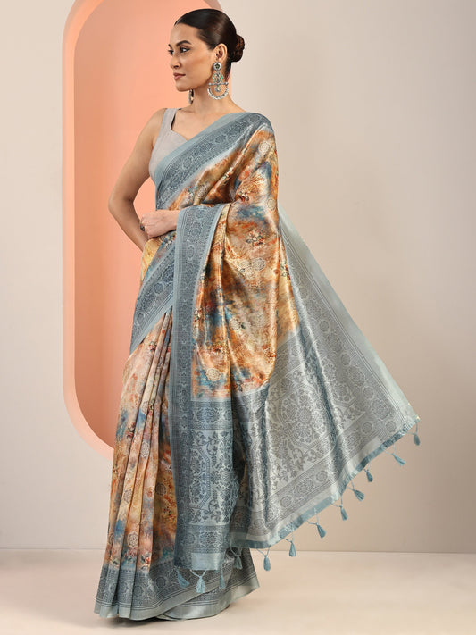 Blue Printed Silk Blend Saree With Unstitched Blouse Piece