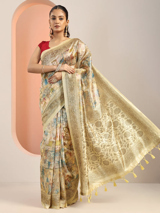 Beige Printed Silk Blend Saree With Unstitched Blouse Piece