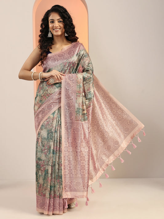 Multi Printed Silk Blend Saree With Unstitched Blouse Piece