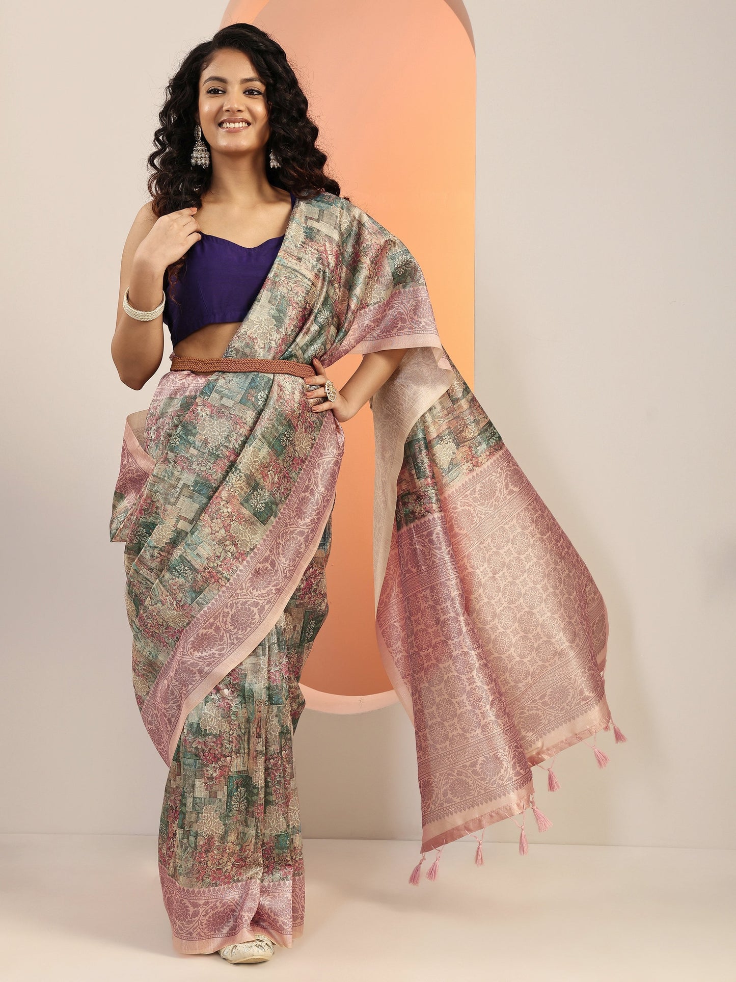 Multi Printed Silk Blend Saree With Unstitched Blouse Piece