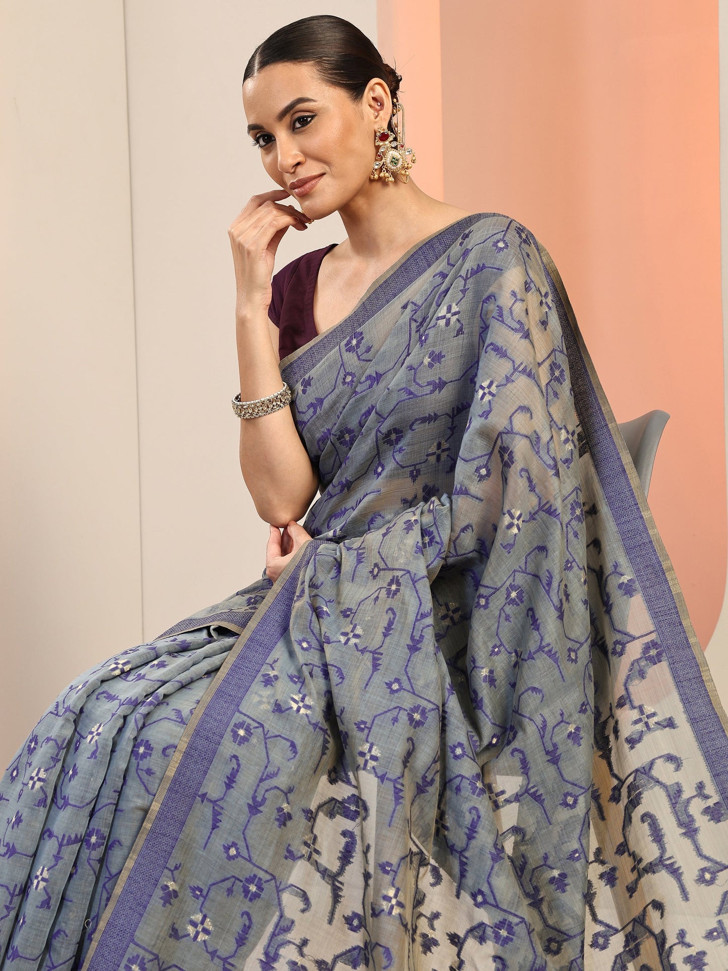Navy Blue Woven Cotton Blend Saree With Unstitched Blouse Piece