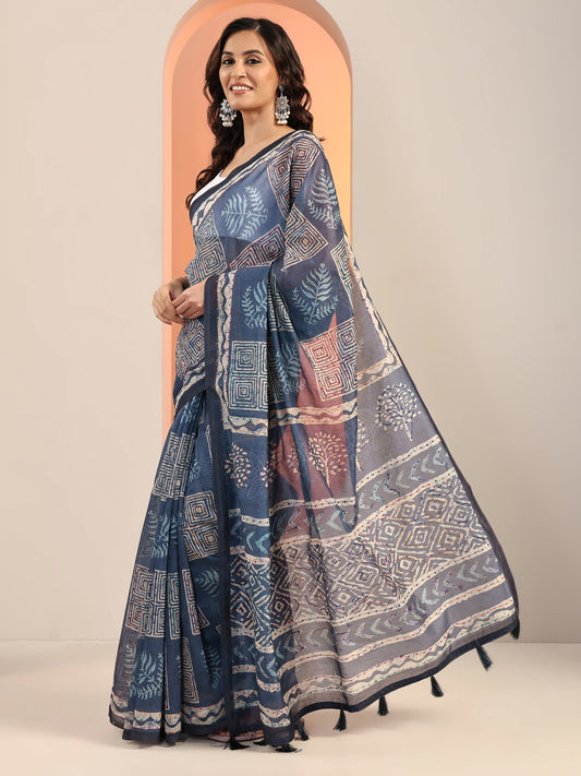 Blue Printed Silk Blend Saree With Unstitched Blouse Piece
