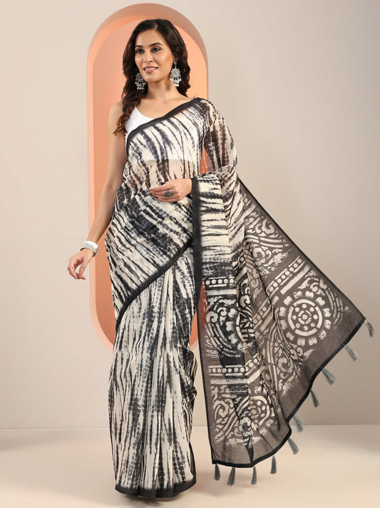 Black Printed Silk Blend Saree With Unstitched Blouse Piece
