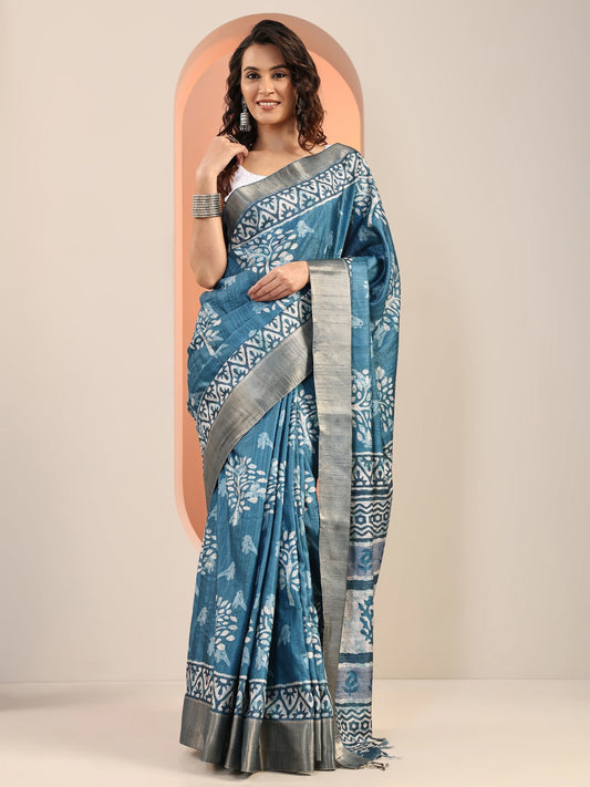 Blue Printed Silk Blend Saree With Unstitched Blouse Piece