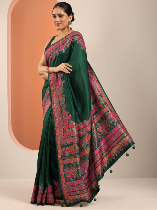 Green Printed Silk Blend Saree With Unstitched Blouse Piece
