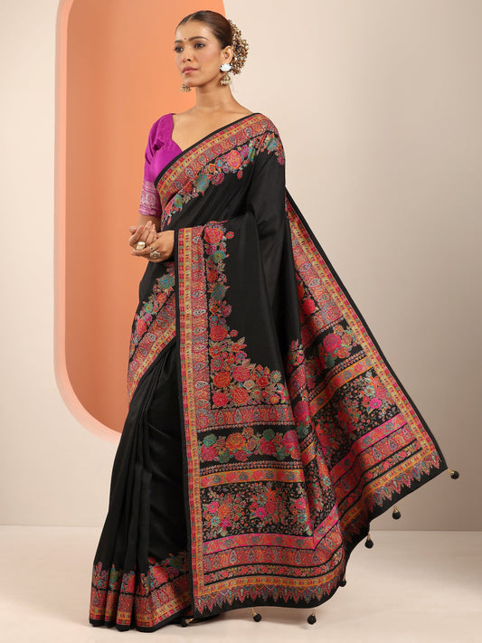 Black Printed Silk Blend Saree With Unstitched Blouse Piece
