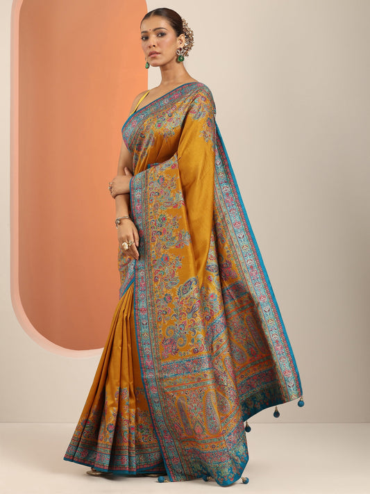 Mustard Printed Silk Blend Saree With Unstitched Blouse Piece
