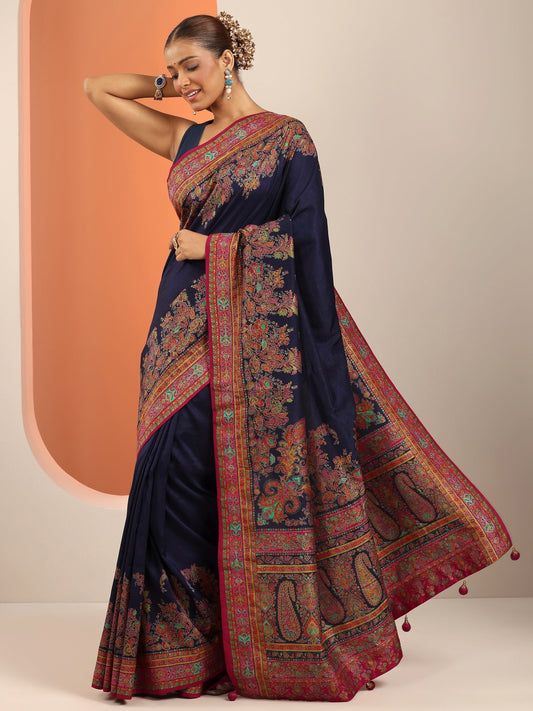Navy Blue Printed Silk Blend Saree With Unstitched Blouse Piece