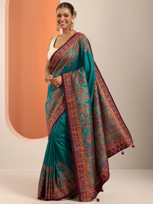 Teal Printed Silk Blend Saree With Unstitched Blouse Piece