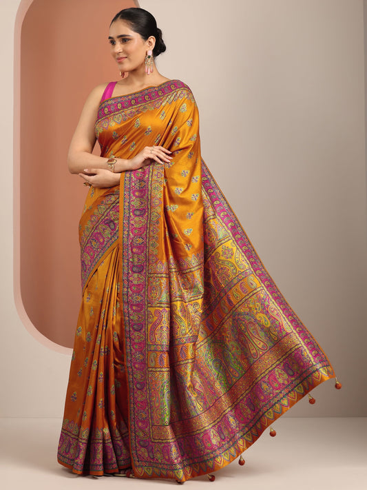 Mustard Printed Silk Blend Saree With Unstitched Blouse Piece