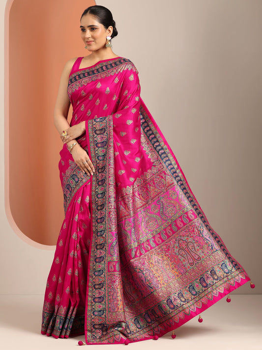 Pink Printed Silk Blend Saree With Unstitched Blouse Piece
