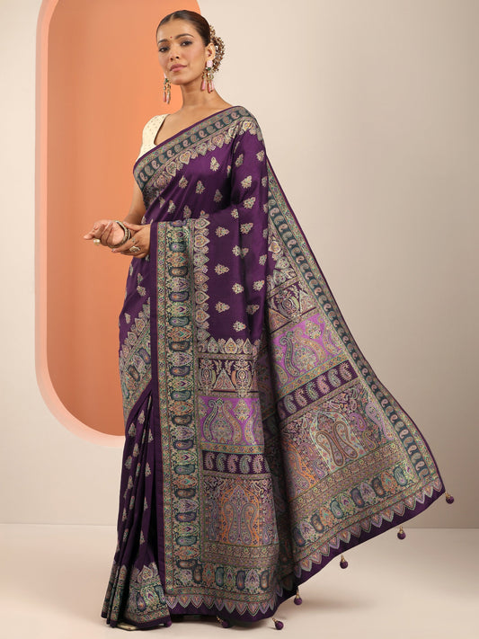 Purple Printed Silk Blend Saree With Unstitched Blouse Piece