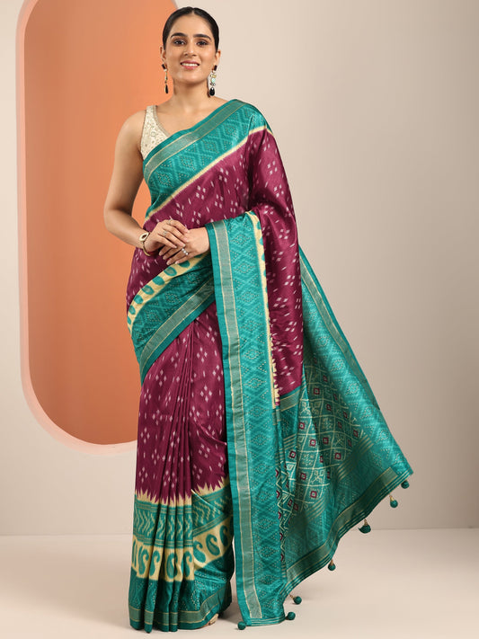 Maroon Printed Silk Blend Saree With Unstitched Blouse Piece