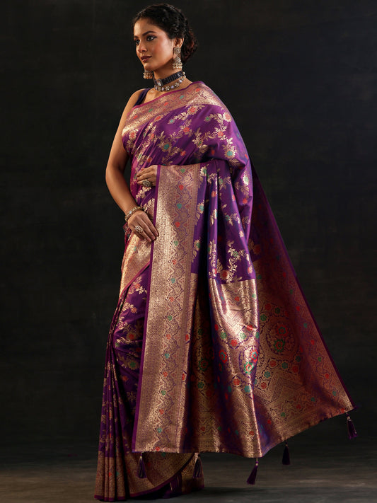 Purple Woven Design Silk Blend Saree With Unstitched Blouse Piece