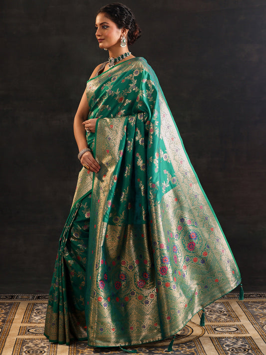 Green Woven Design Silk Blend Saree With Unstitched Blouse Piece