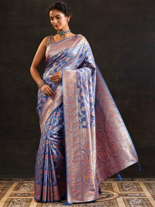 Blue Woven Design Silk Blend Saree With Unstitched Blouse Piece