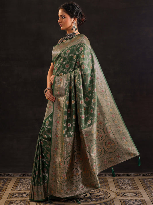 Green Woven Design Silk Blend Saree With Unstitched Blouse Piece