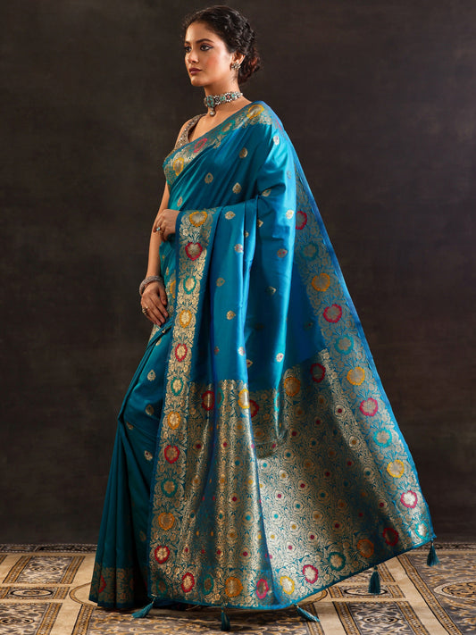Blue Woven Design Silk Blend Saree With Unstitched Blouse Piece