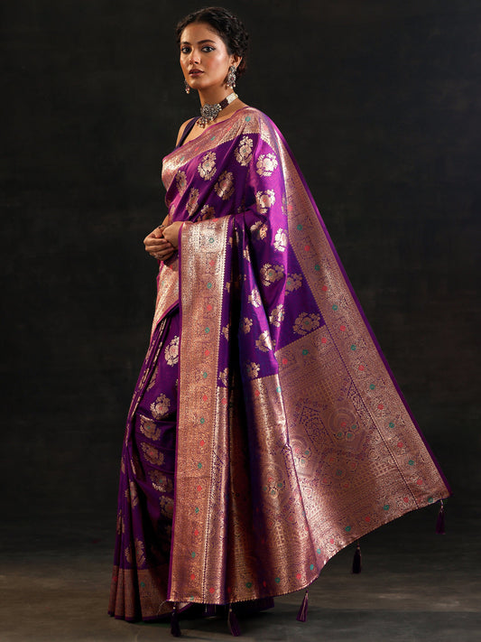 Purple Woven Design Silk Blend Saree With Unstitched Blouse Piece