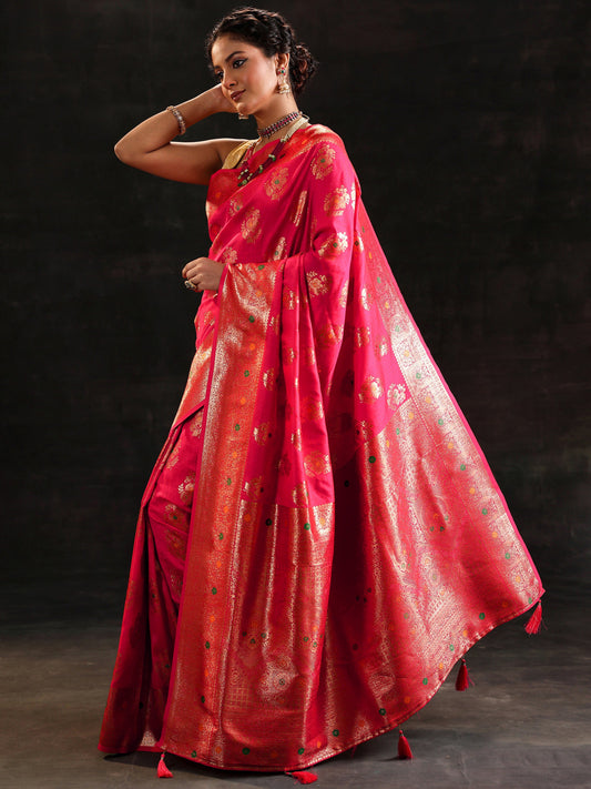Pink Woven Design Banarasi Silk Blend Saree With Unstitched Blouse Piece