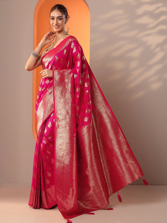 Pink Woven Design Silk Blend Saree With Unstitched Blouse Piece