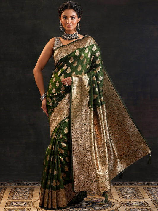 Green Woven Design Silk Blend Saree With Unstitched Blouse Piece