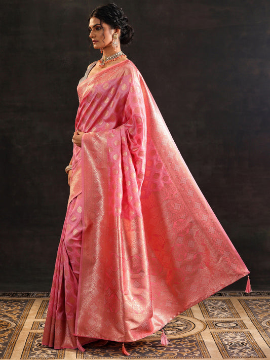 Pink Woven Design Silk Blend Saree With Unstitched Blouse Piece