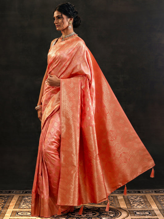 Peach Woven Design Banarasi Silk Blend Saree With Unstitched Blouse Piece