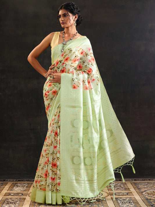 Green Printed Chanderi Saree With Unstitched Blouse Piece