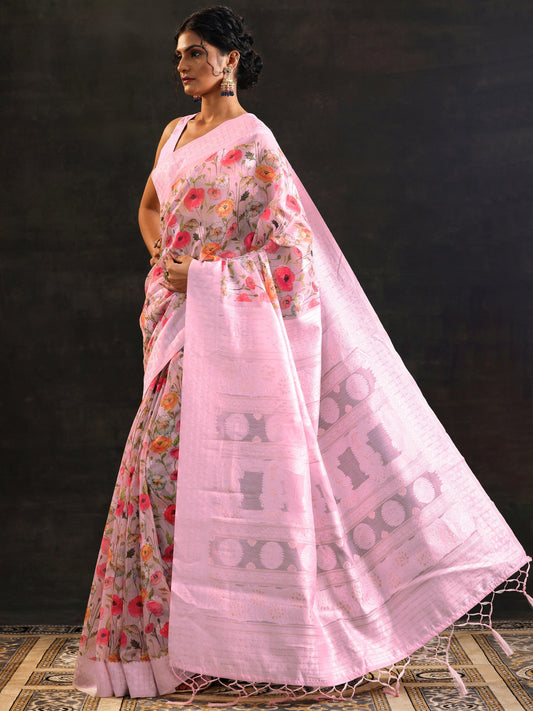 Pink Printed Chanderi Saree With Unstitched Blouse Piece