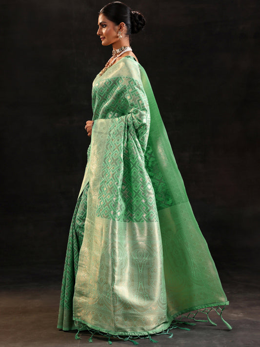 Sea Green Woven Design Silk Blend Saree With Unstitched Blouse Piece