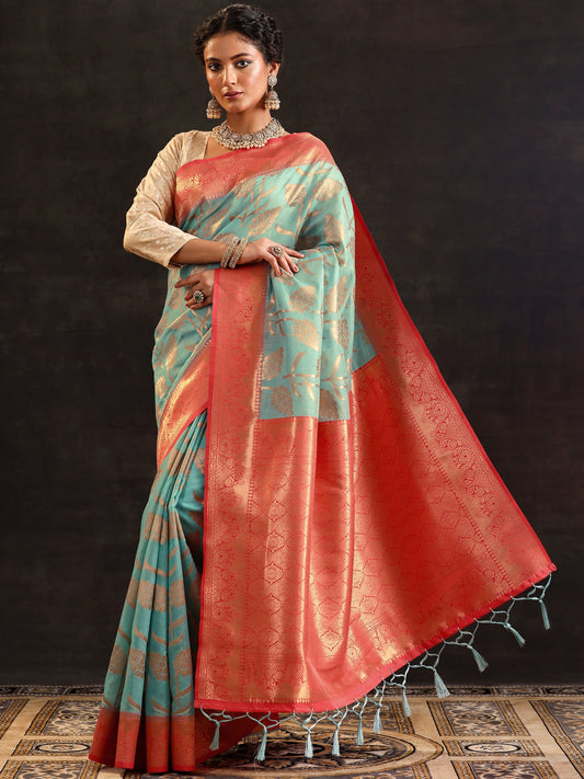 Blue Woven Design Silk Blend Saree With Unstitched Blouse Piece