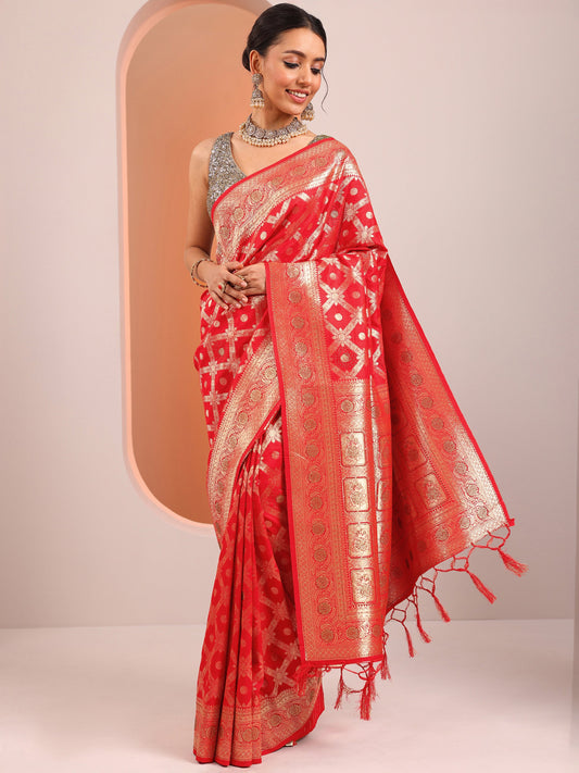 Red Woven Design Banarasi Silk Blend Saree With Unstitched Blouse Piece