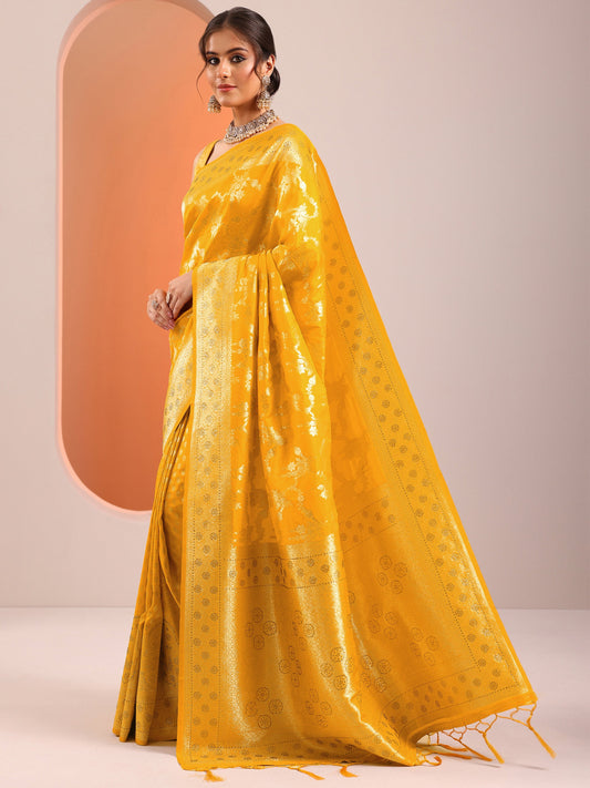 Yellow Woven Design Silk Blend Saree With Unstitched Blouse Piece