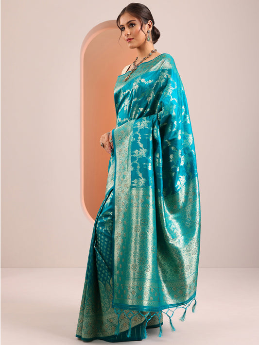 Blue Woven Design Banarasi Silk Blend Saree With Unstitched Blouse Piece